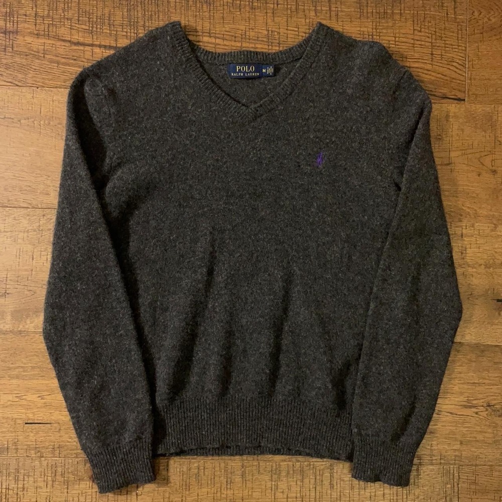 Polo Ralph Lauren Sweater Womens M Grey Academia Lambs Wool V-Neck Knit